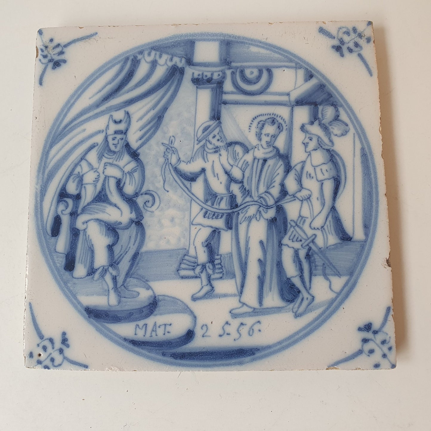 Antique Delft Blue Tile, Biblical Scene, Oxhead Motif, 1840