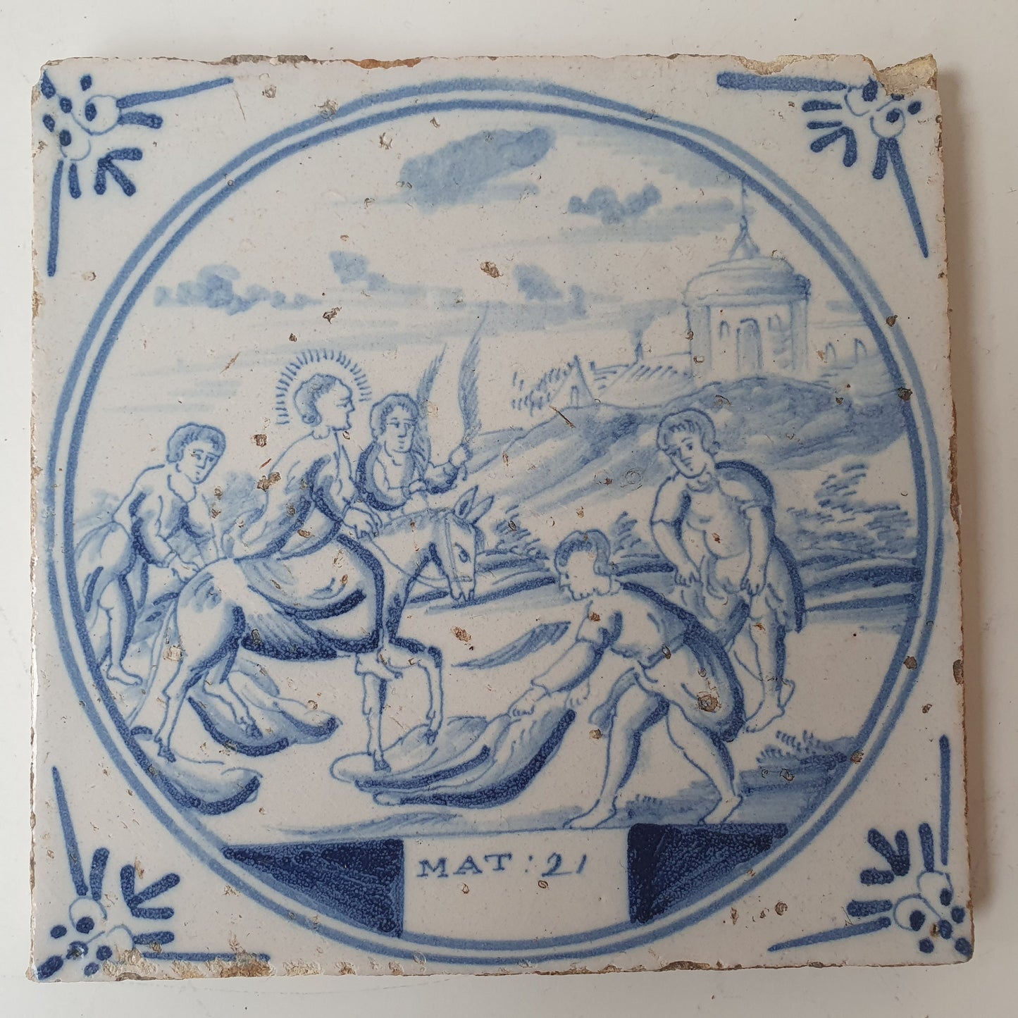 Antique Delft Blue Tile, Biblical Scene, Ox Head Motif, ca. 1840