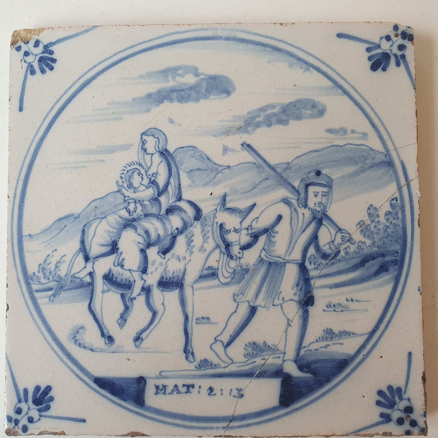 Antique Delft Blue Tile, Biblical Scene, Oxhead Corner Motif, 1840