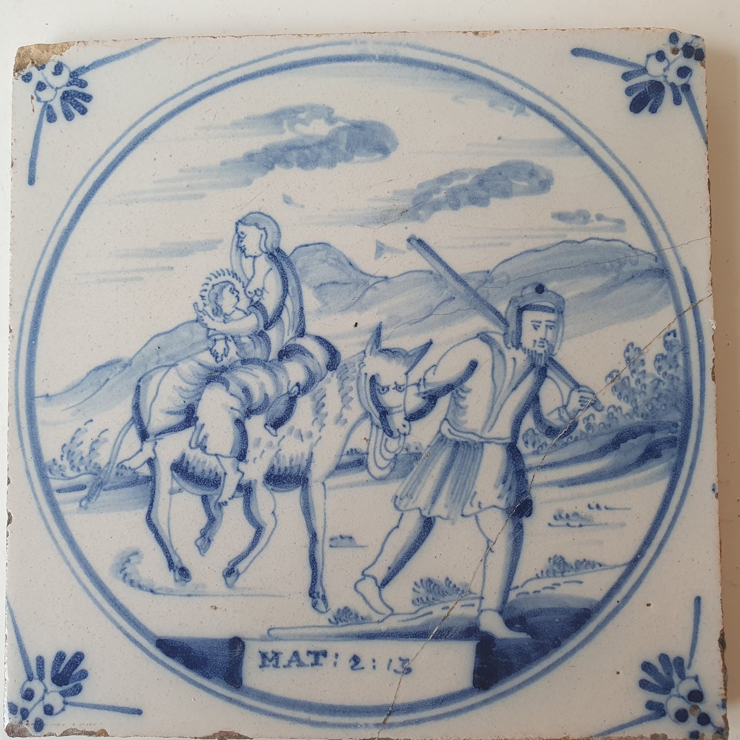 Antique Delft Blue Tile, Biblical Scene, Oxhead Corner Motif, 1840