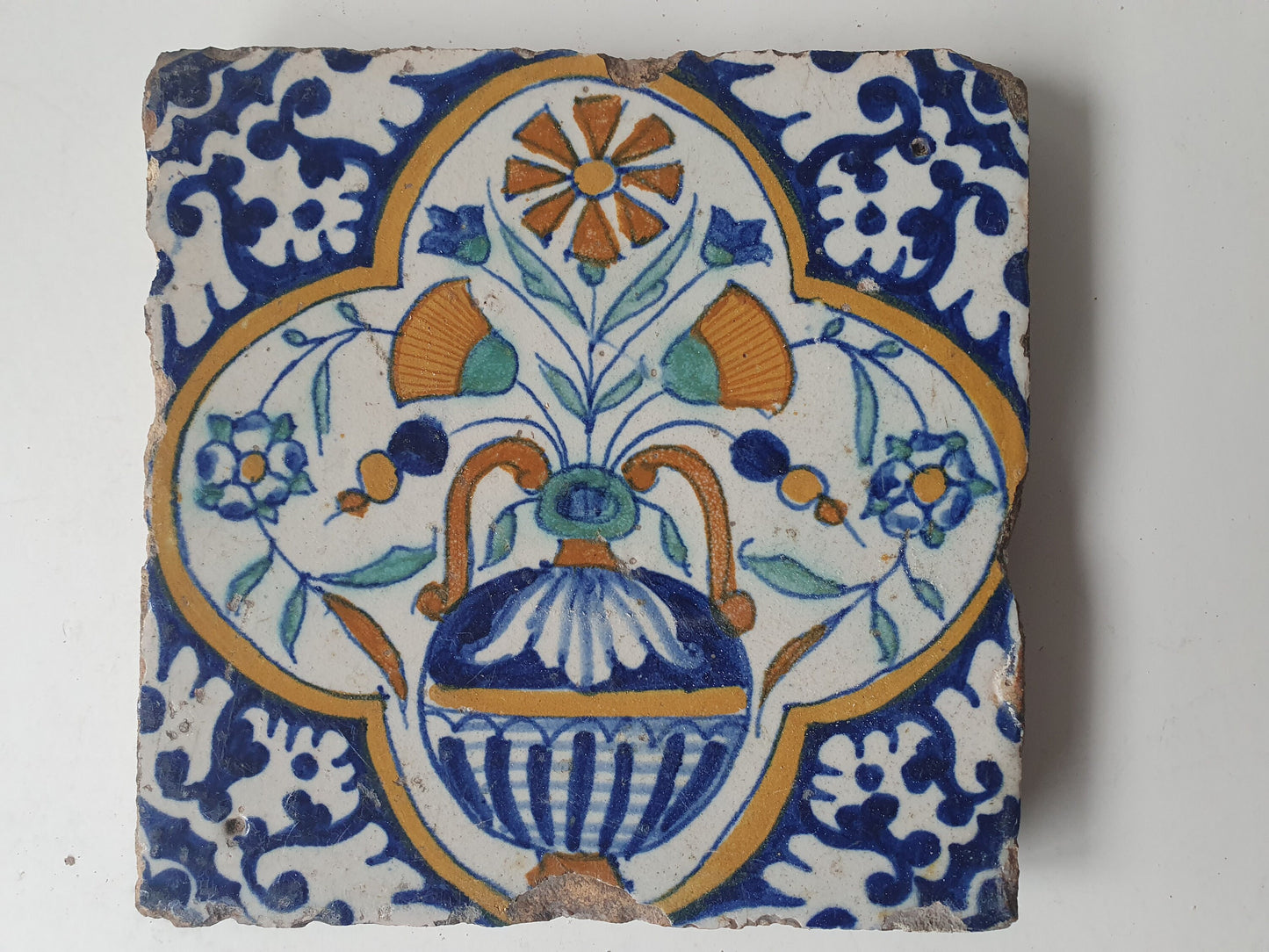 Antique Dutch Tile – 17th Century Polychrome Floral Amphora