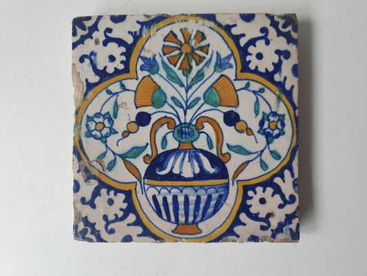 Antique Dutch Delft Tile – 17th Century Polychrome Floral Ornament