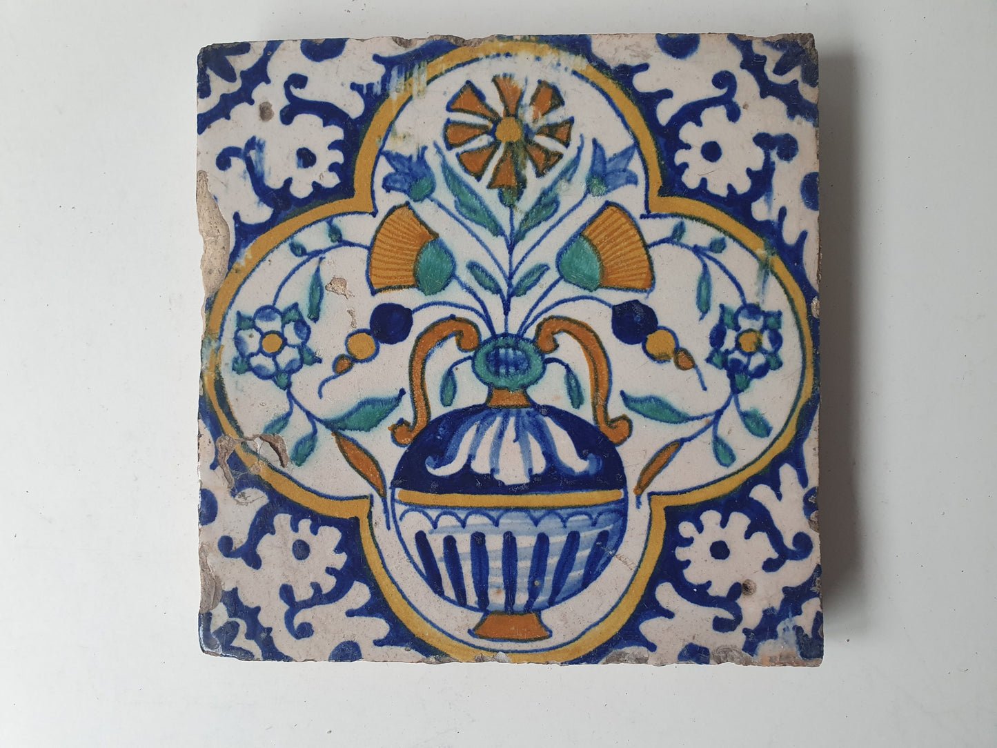 Antique Dutch Delft Tile – 17th Century Polychrome Floral Ornament