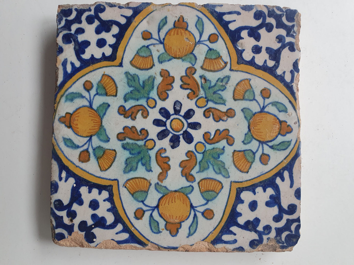 Antique Dutch Tile, Polychrome Floral Tile, Circa 1600 AD