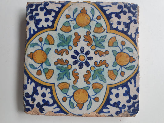Antique Dutch Tile, Polychrome Floral Tile, Circa 1600 AD