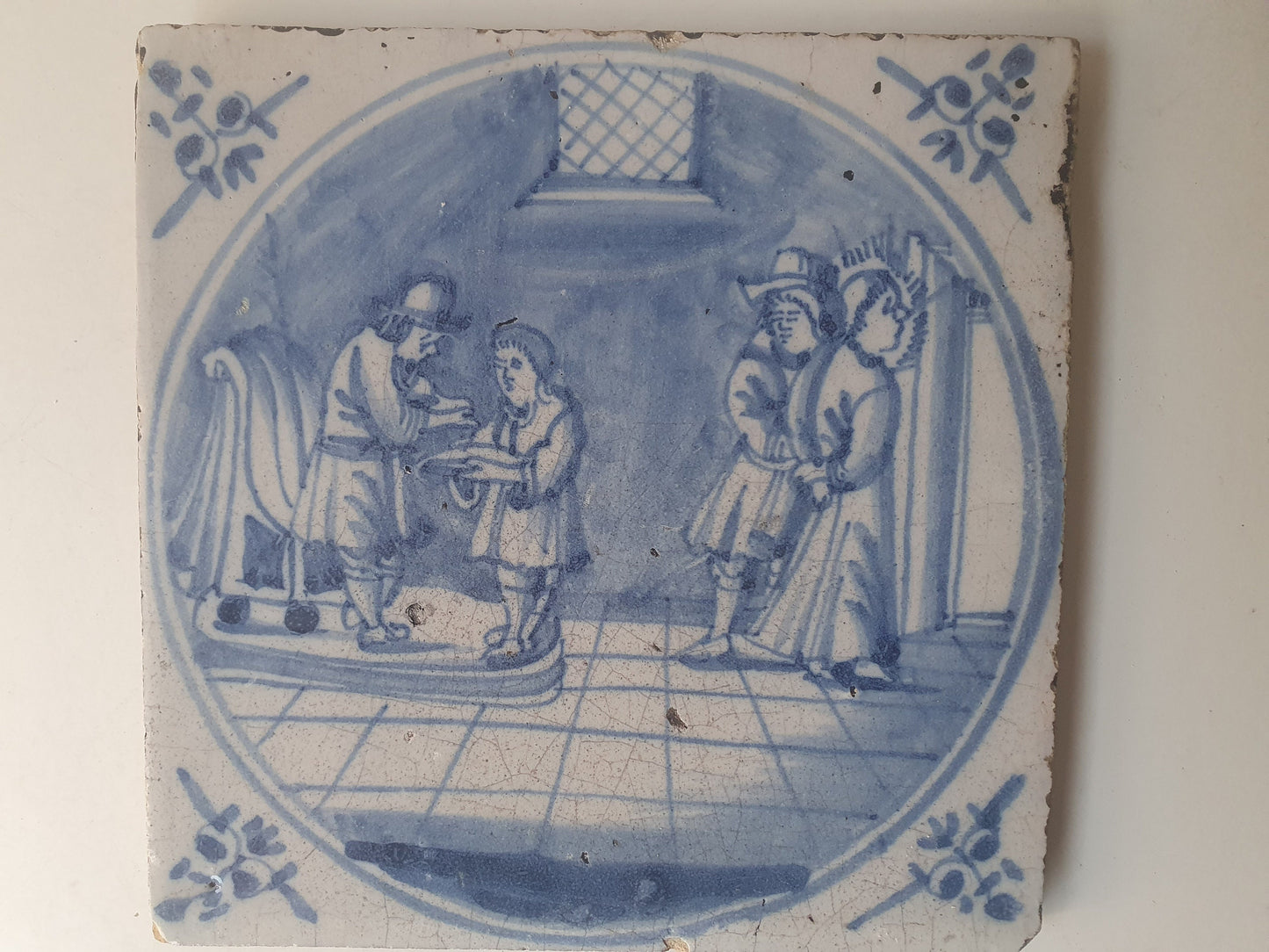 Antique Delft Blue Tile, Biblical Scene, Dutch Oxhead Corner Motif