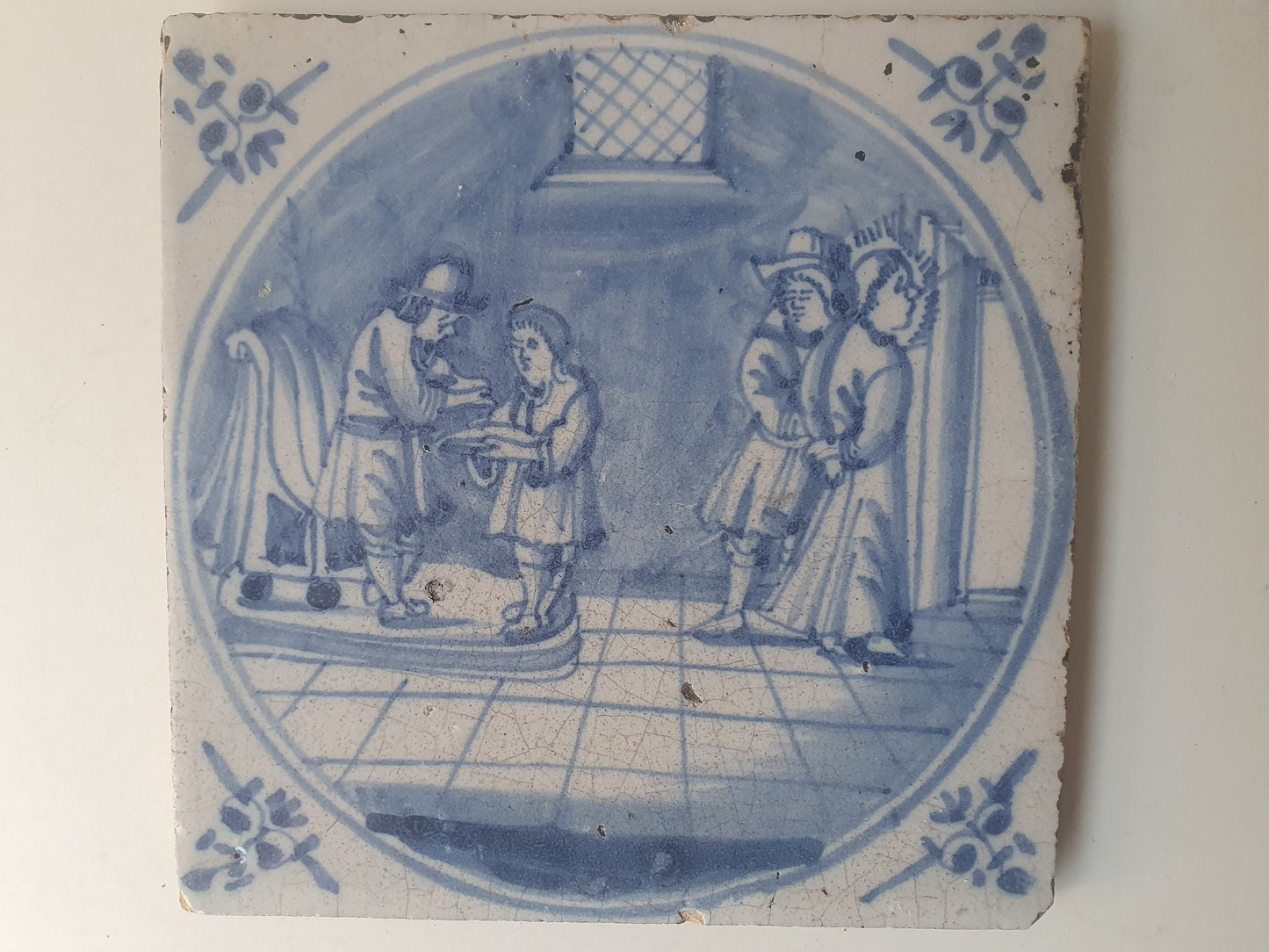 Antique Delft Blue Tile, Biblical Scene, Dutch Oxhead Corner Motif