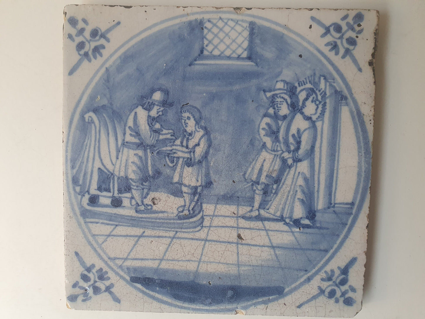 Antique Delft Blue Tile, Biblical Scene, Dutch Oxhead Corner Motif