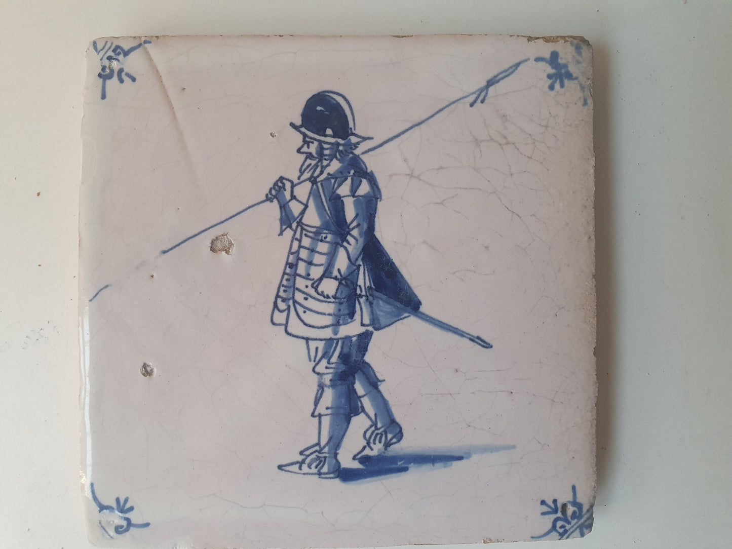 Antique Delft Tile, 17th Century Dutch Soldier, Oxhead Motif