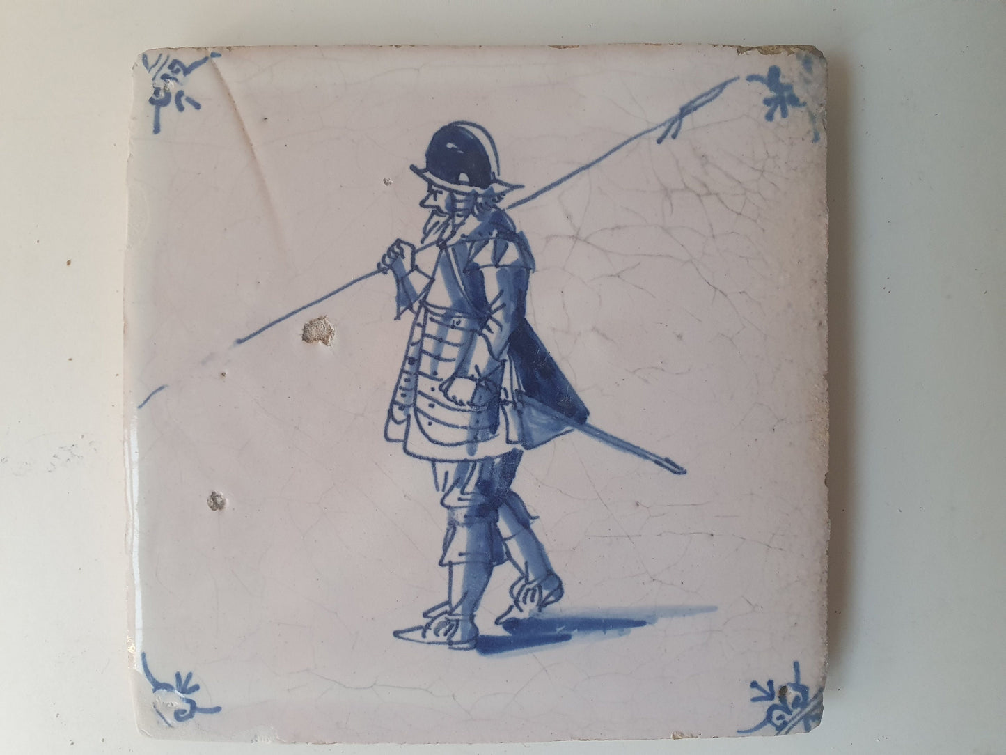 Antique Delft Tile, 17th Century Dutch Soldier, Oxhead Motif