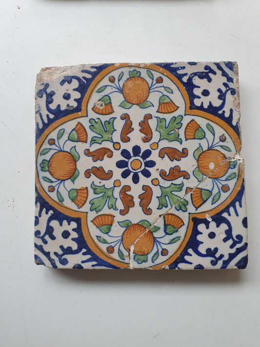 Antique Dutch Tile – 17th Century Polychrome Pomegranate Ornament