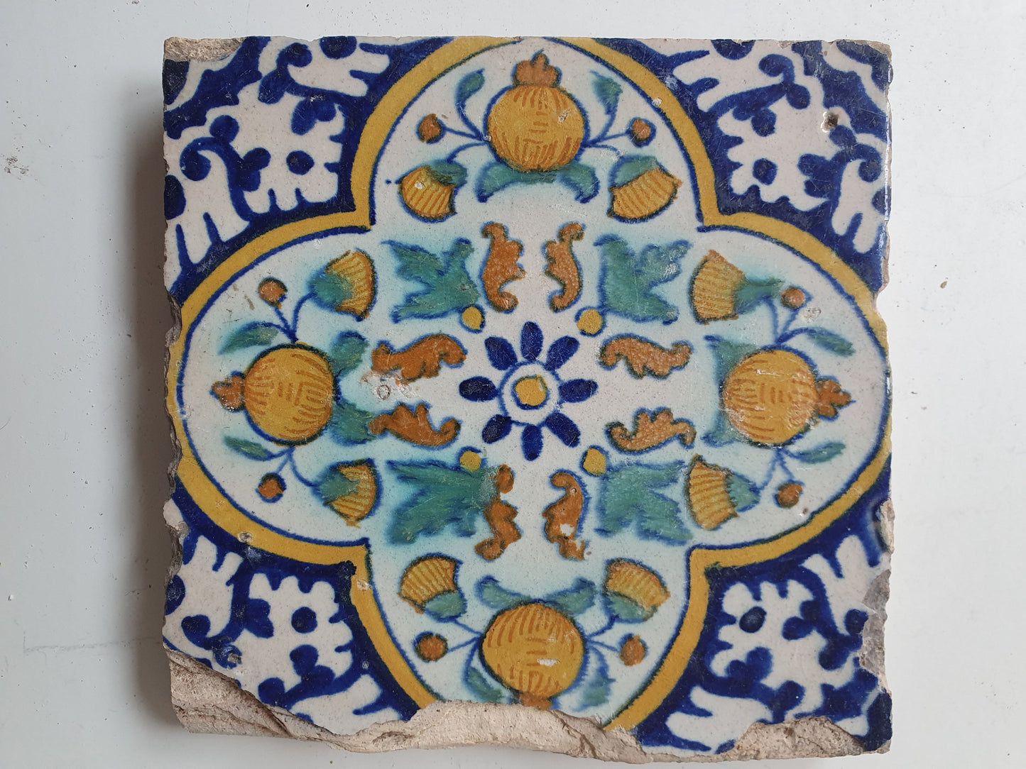 Antique Dutch Tile – 17th Century Polychrome Pomegranate Ornament