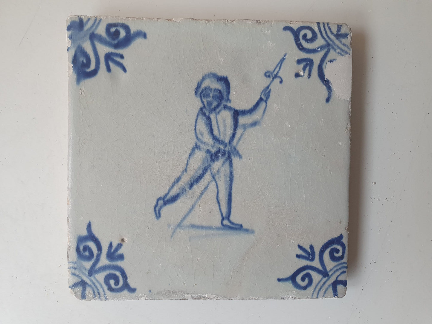 Antique Dutch Tile - 1640 Child with Javelin, Ossenkop Motif