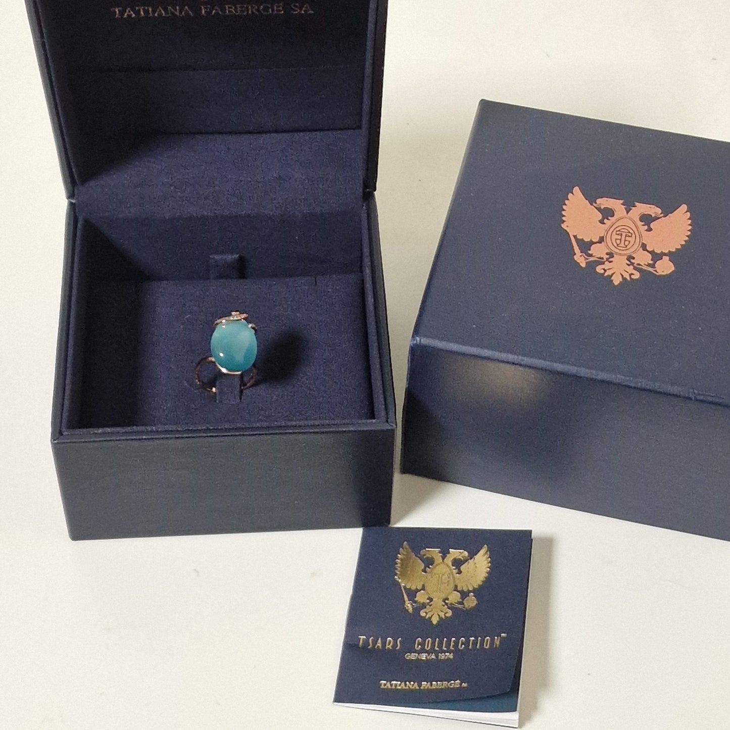 Tatiana Fabergé Sterling Silver Egg Ring, Gray-Blue Cabochon, Zircons, Boxed faberge