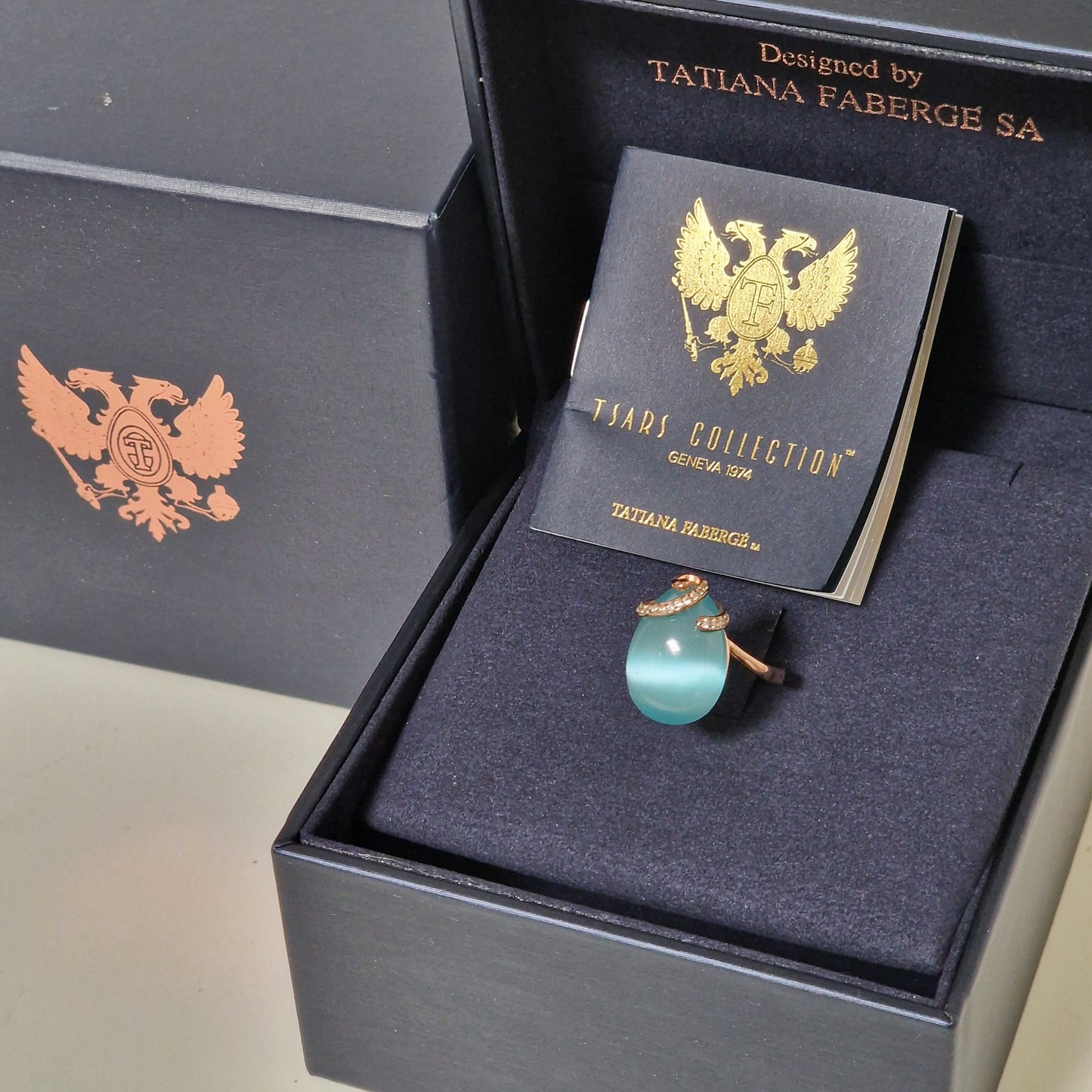 Tatiana Fabergé Sterling Silver Egg Ring, Gray-Blue Cabochon, Zircons, Boxed faberge