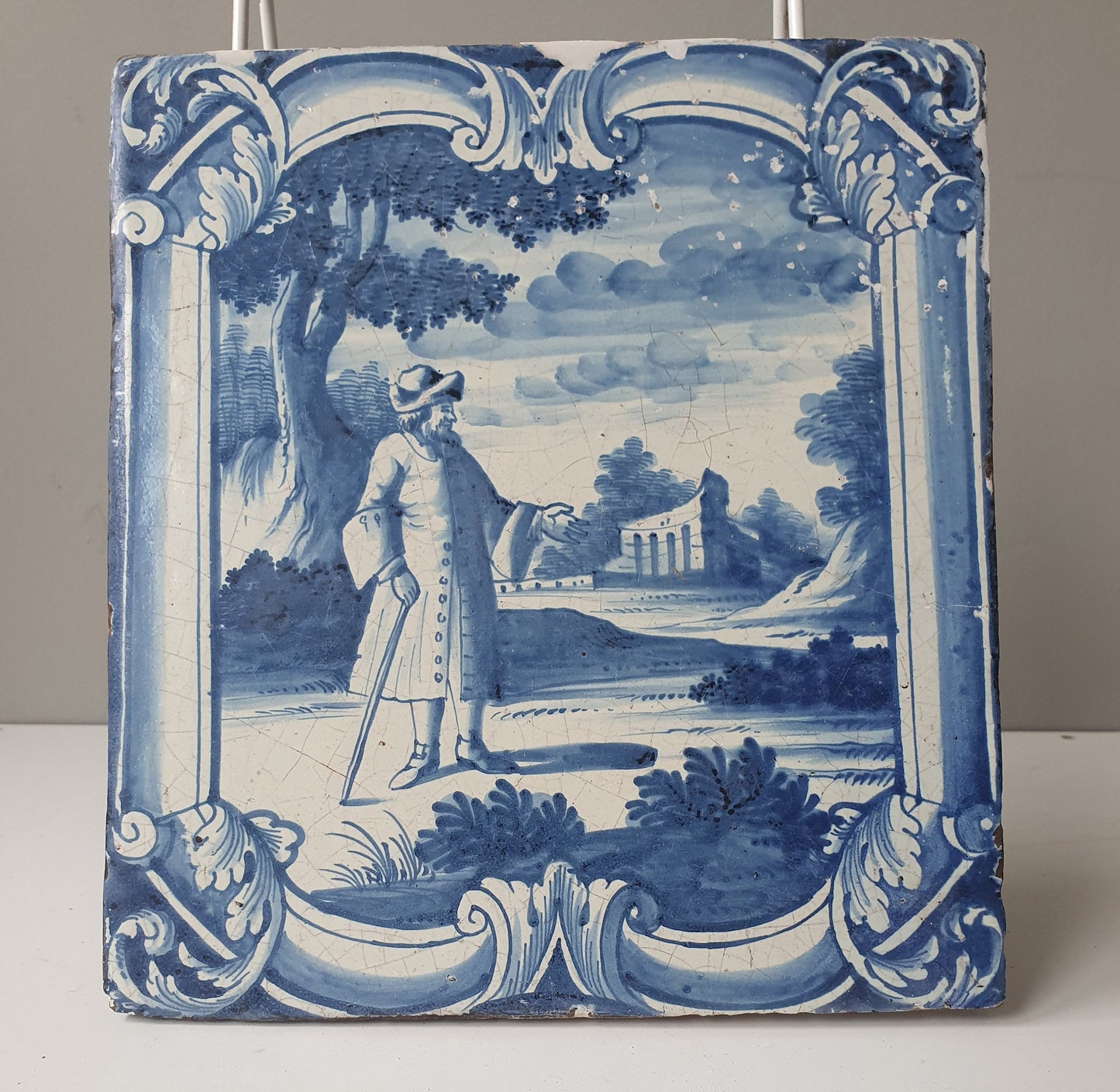 Antique Faience Tile Plaque, Nobleman Park Scene, Ost Friesland 1750-1775