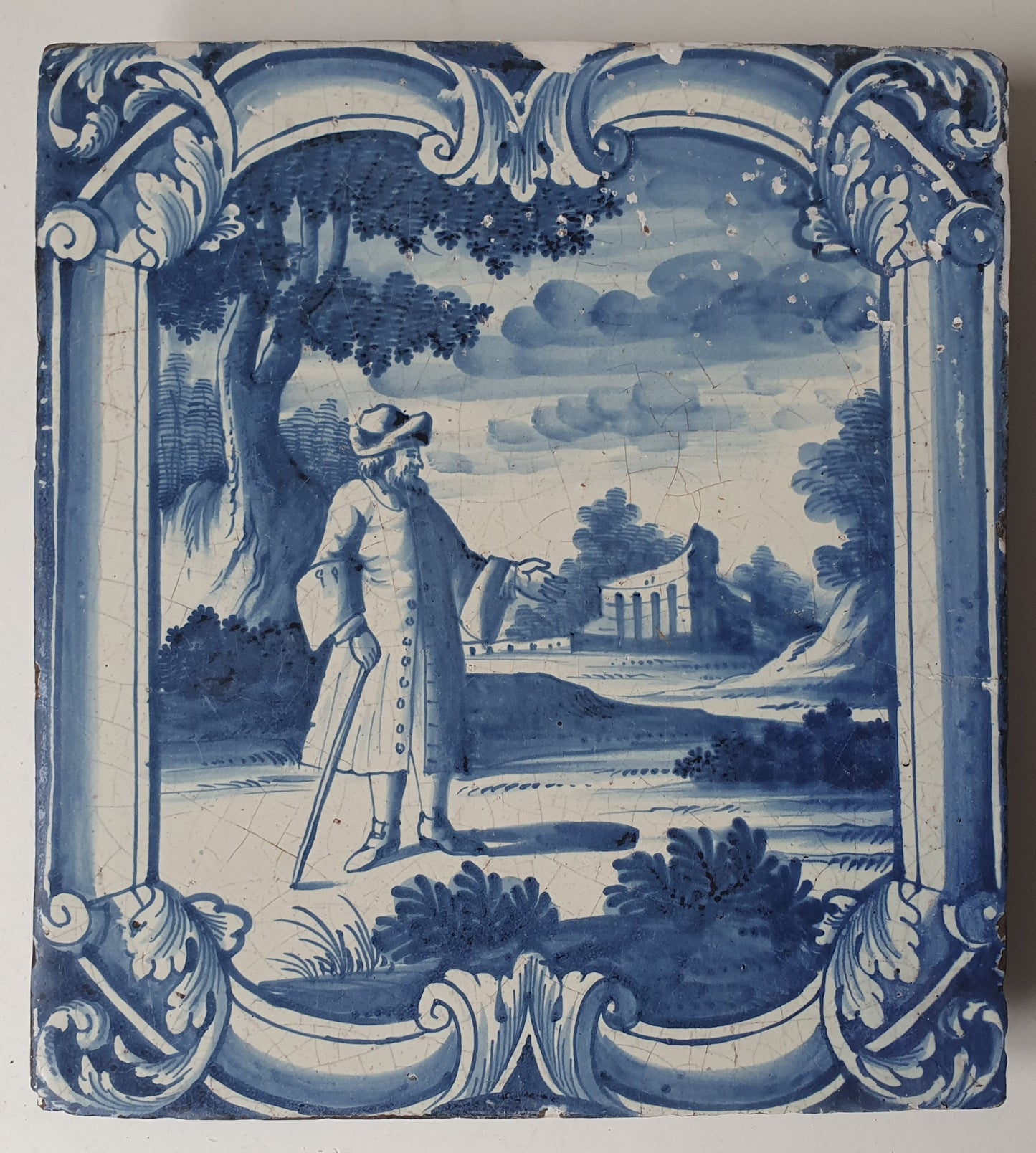 Antique Faience Tile Plaque, Nobleman Park Scene, Ost Friesland 1750-1775