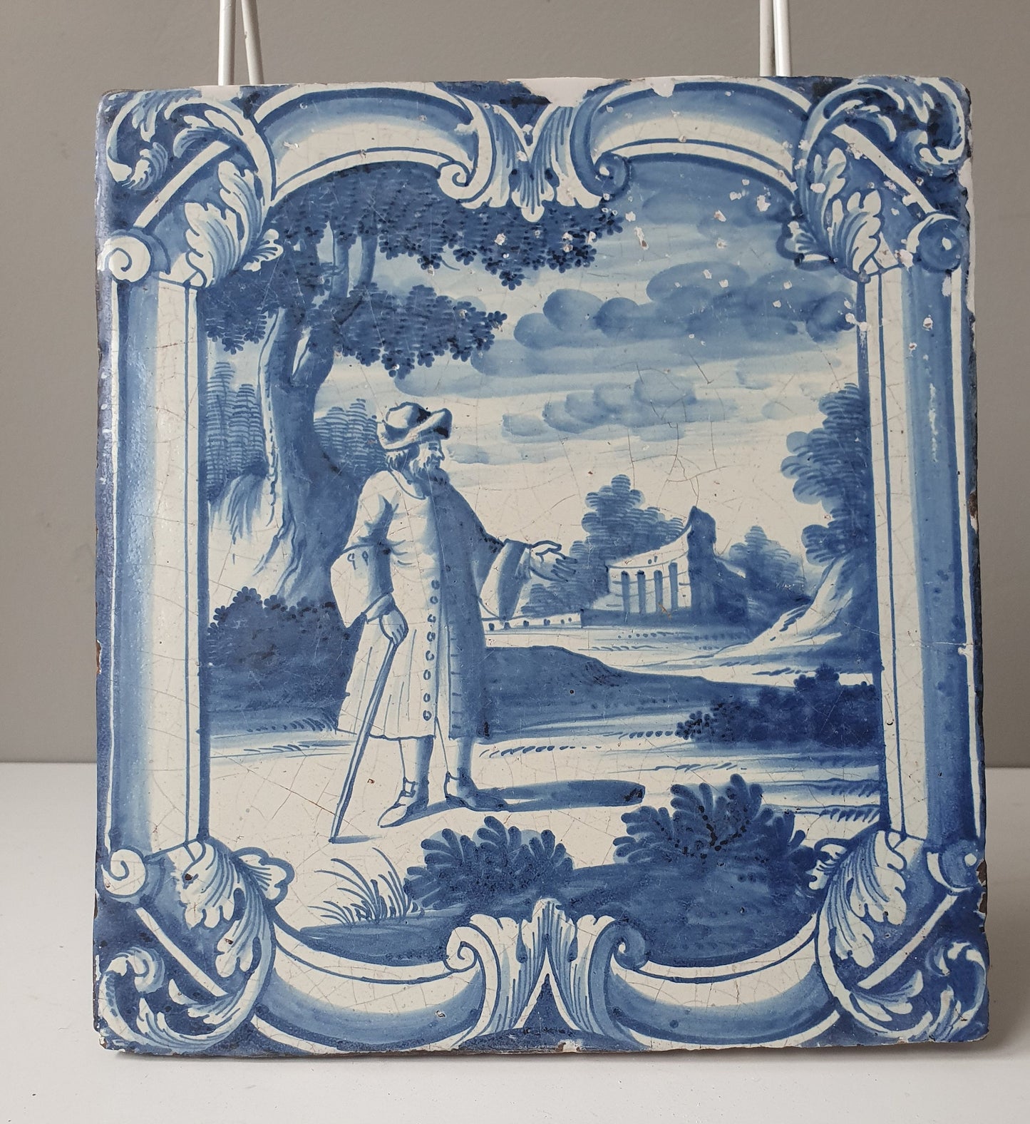 Antique Faience Tile Plaque, Nobleman Park Scene, Ost Friesland 1750-1775