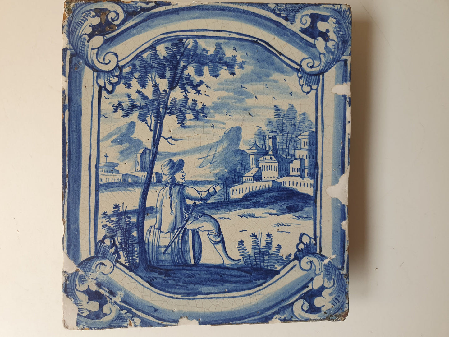 Antique Faience Tile, 18th Century German Stovetile, Underglaze Blue