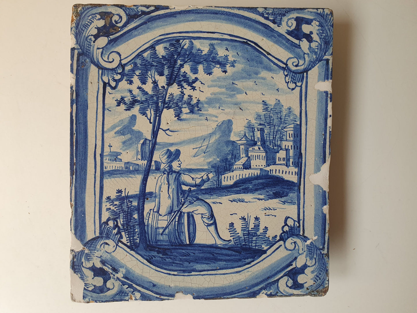 Antique Faience Tile, 18th Century German Stovetile, Underglaze Blue