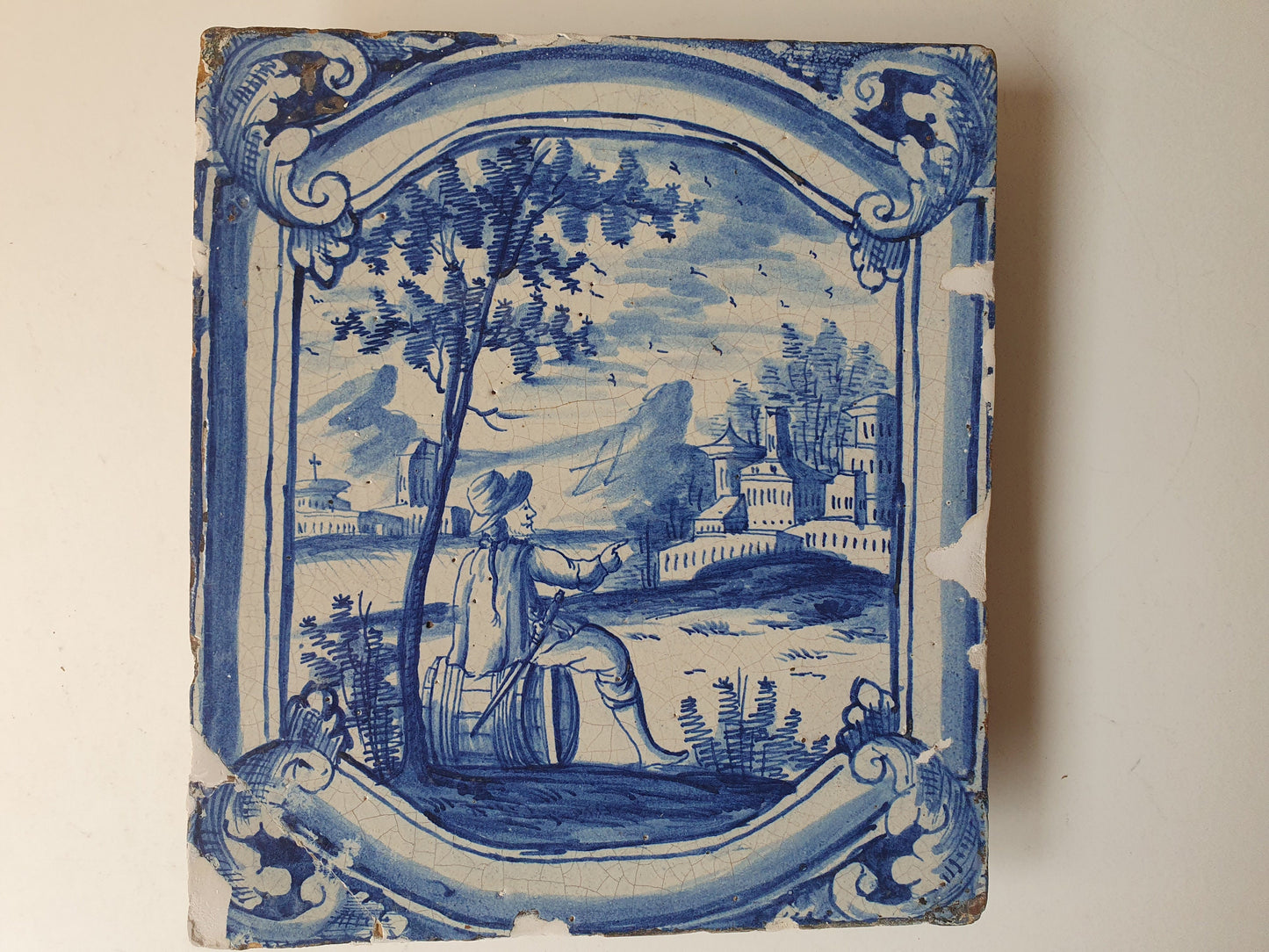 Antique Faience Tile, 18th Century German Stovetile, Underglaze Blue