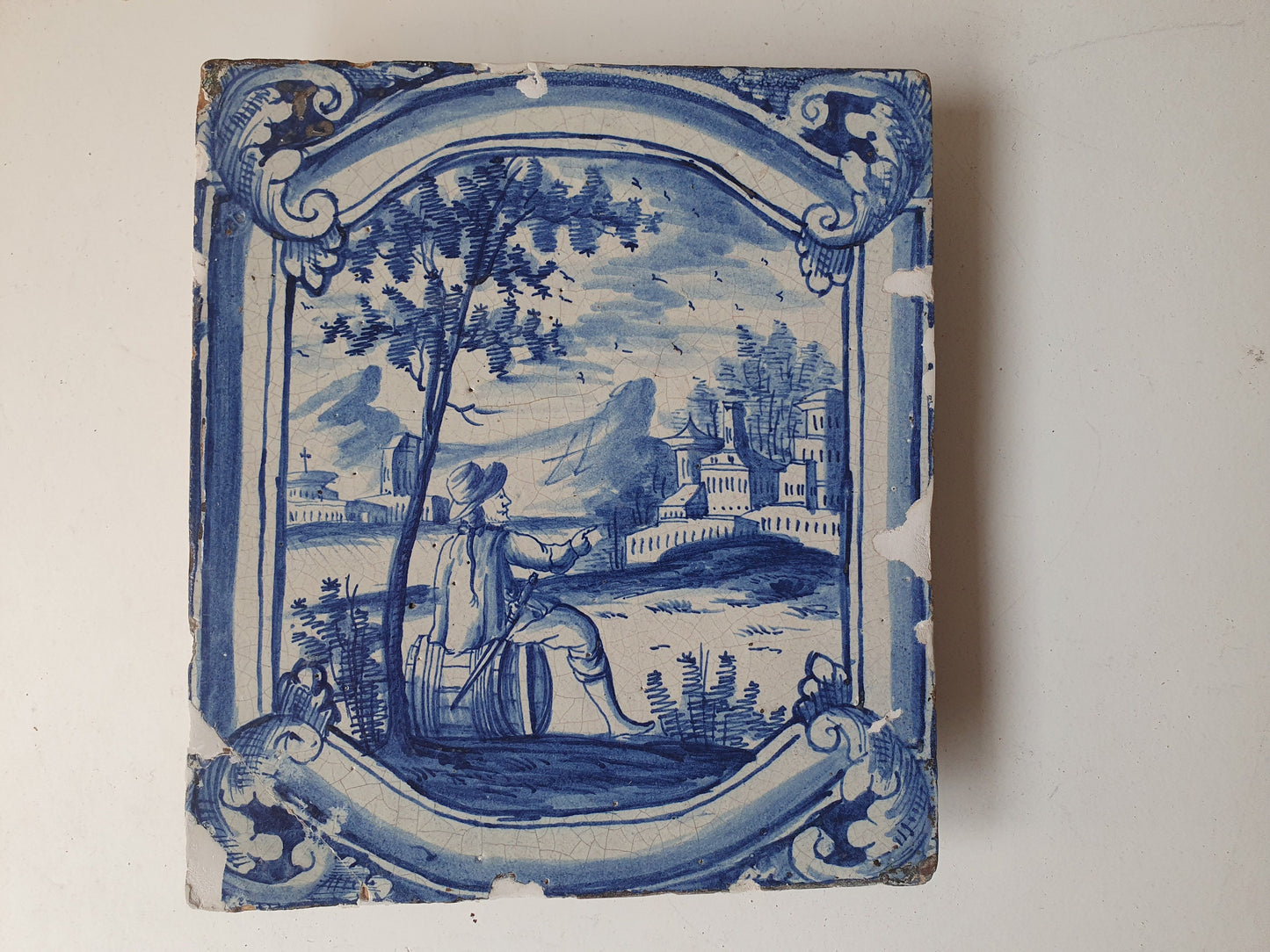 Antique Faience Tile, 18th Century German Stovetile, Underglaze Blue