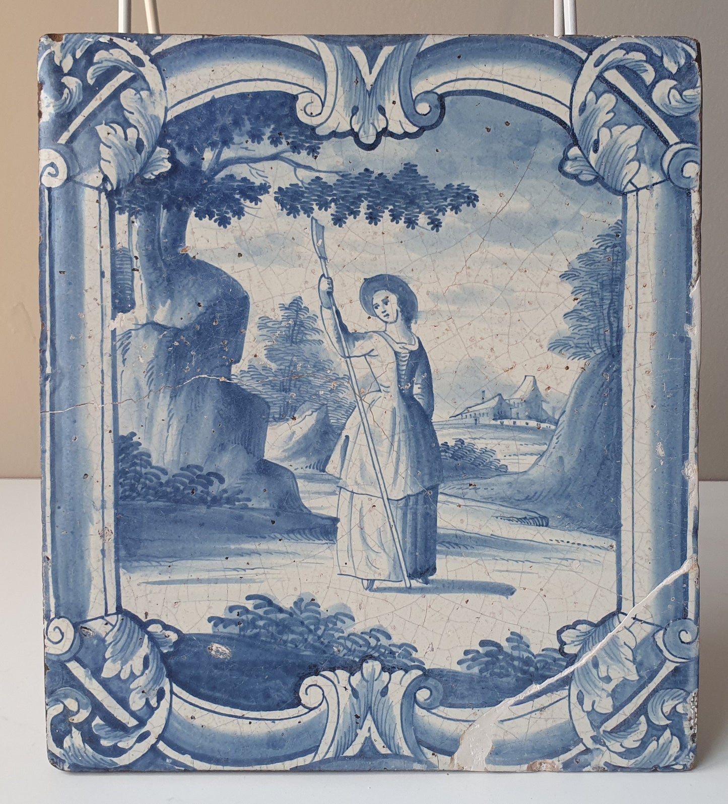 Antique Faience Tile Plaque, 18th Century Hamburg Scenery, Underglaze Blue