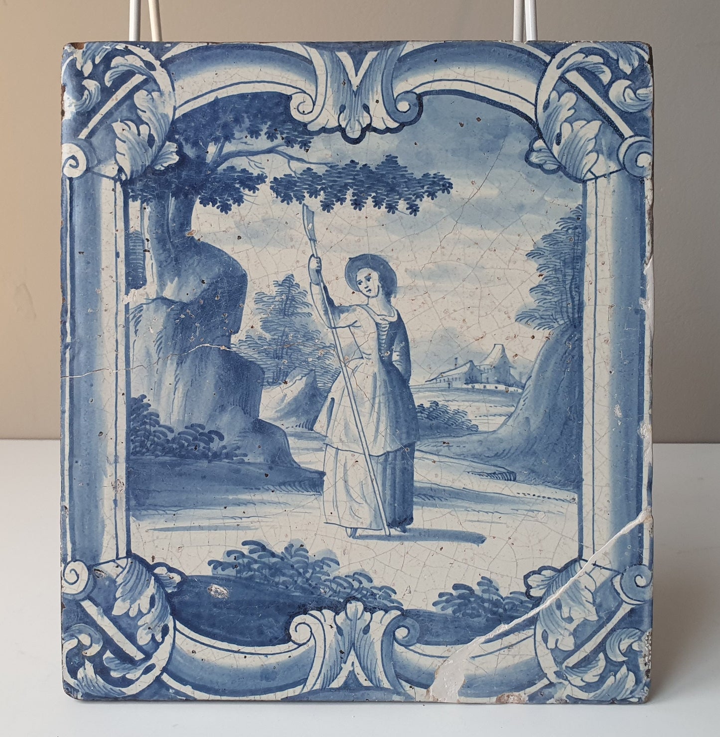 Antique Faience Tile Plaque, 18th Century Hamburg Scenery, Underglaze Blue