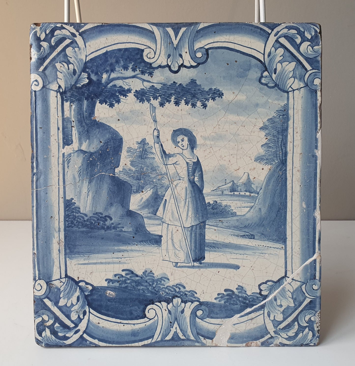 Antique Faience Tile Plaque, 18th Century Hamburg Scenery, Underglaze Blue