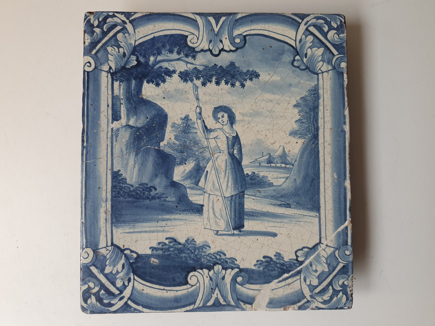 Antique Faience Tile Plaque, 18th Century Hamburg Scenery, Underglaze Blue