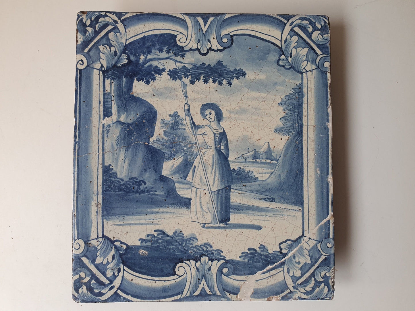 Antique Faience Tile Plaque, 18th Century Hamburg Scenery, Underglaze Blue
