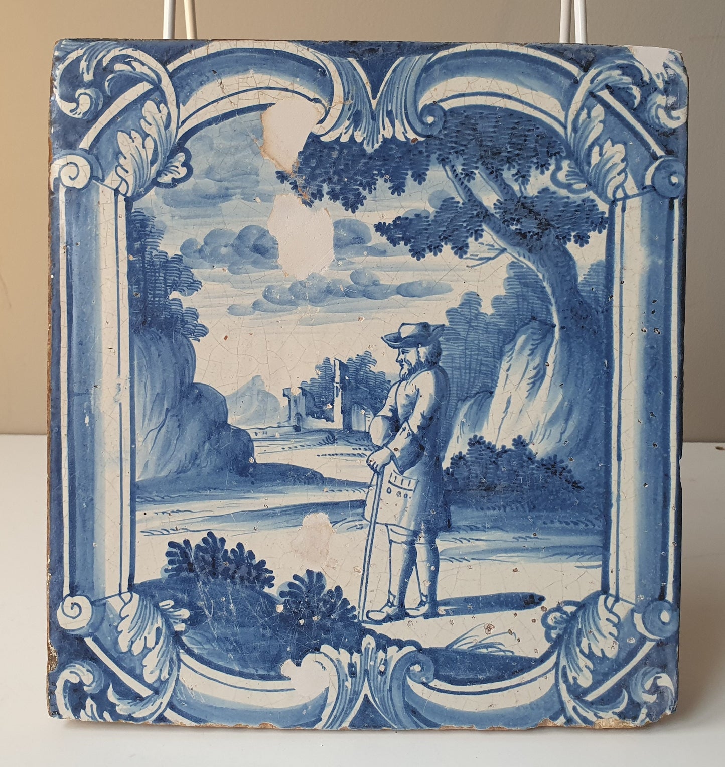 Antique Faience Tile Plaque, 1750s German Delftware, Nobleman Park Scene