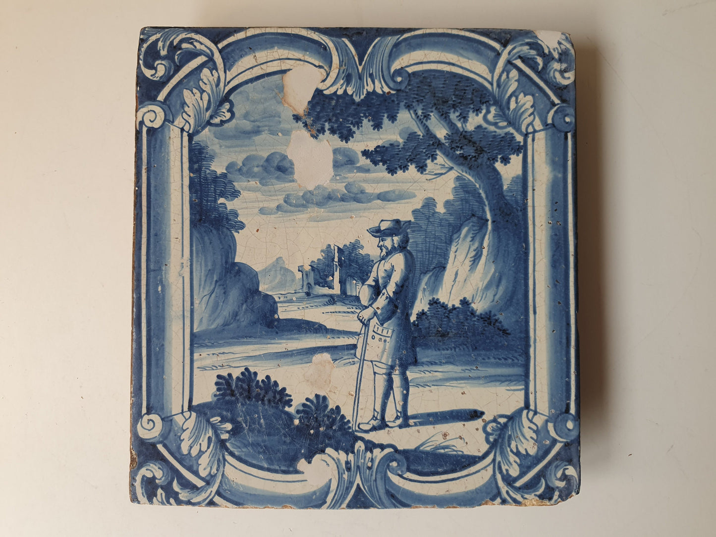 Antique Faience Tile Plaque, 1750s German Delftware, Nobleman Park Scene