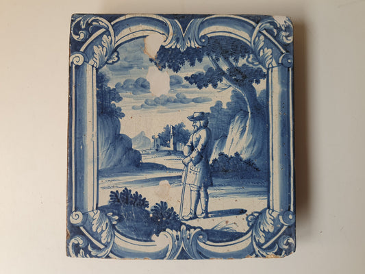Antique Faience Tile Plaque, 1750s German Delftware, Nobleman Park Scene