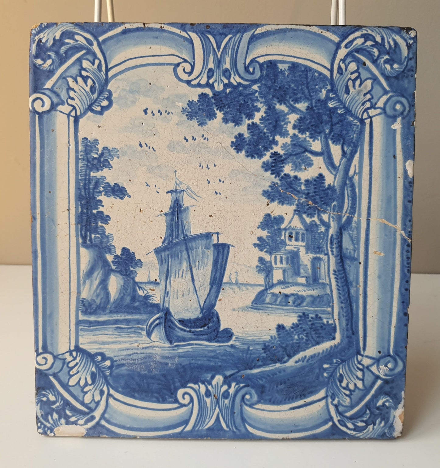 XL plaque, antique 18th century 'Stovetile' with sailboat. Hamburg, Friesland, 1750-1775, Faience, underglaze blue.
