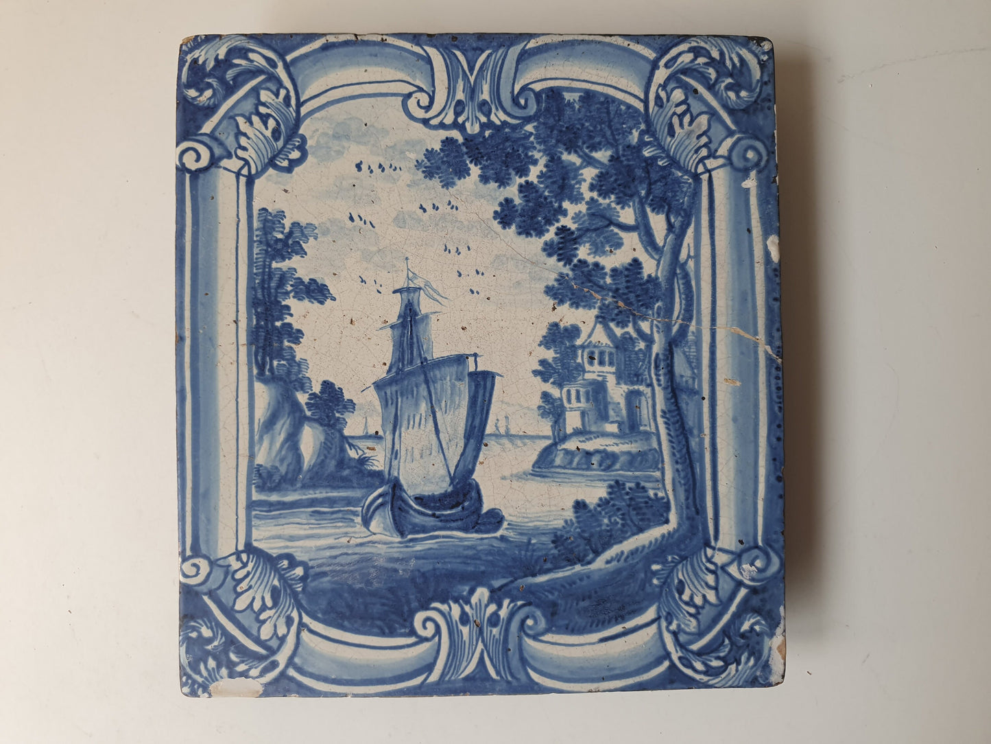 XL plaque, antique 18th century 'Stovetile' with sailboat. Hamburg, Friesland, 1750-1775, Faience, underglaze blue.
