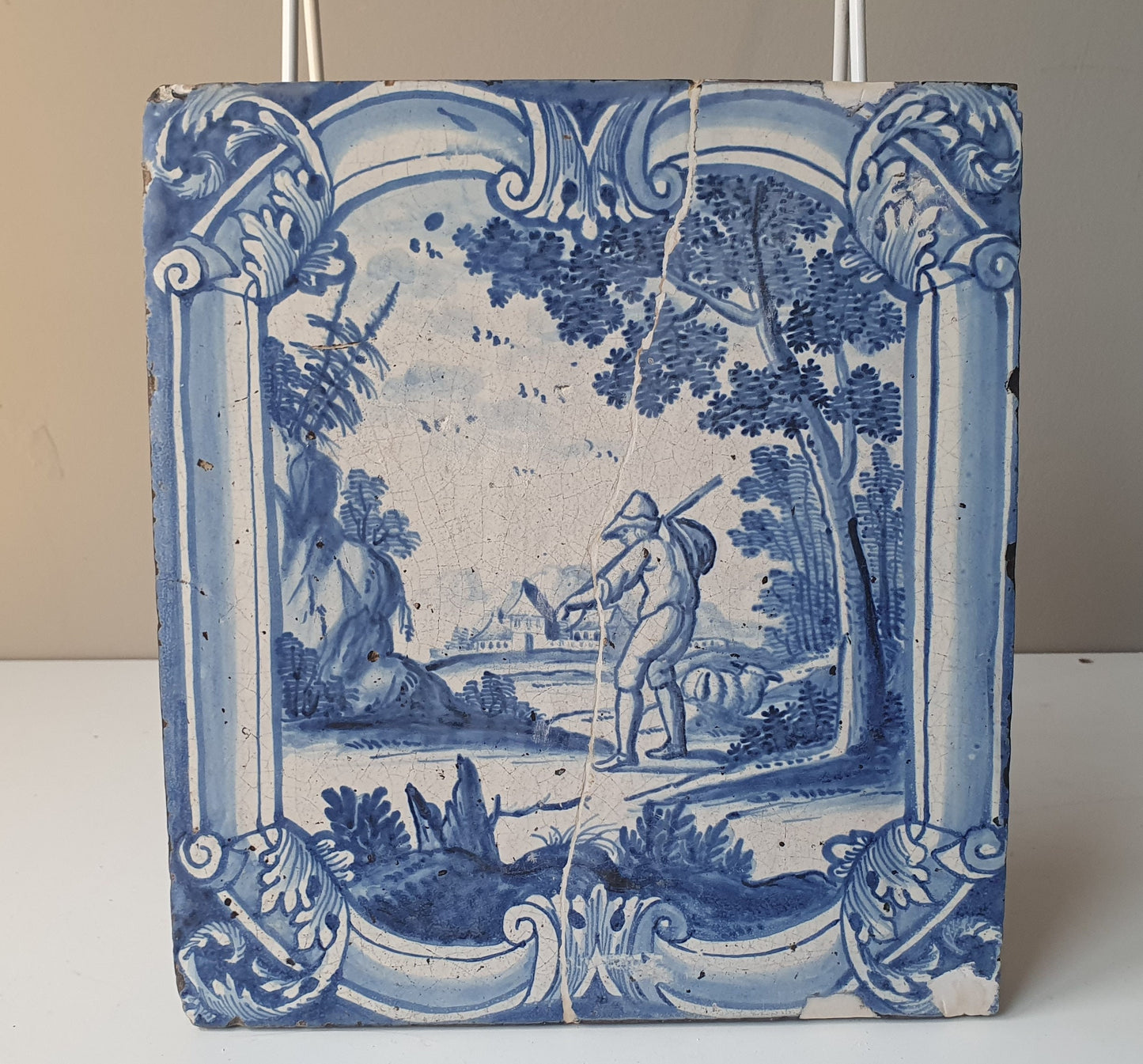 Antique Faience Tile, 18th Century Dutch Stovetile, Sheep Shepherd Decor