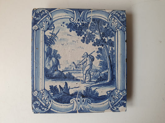 Antique Faience Tile, 18th Century Dutch Stovetile, Sheep Shepherd Decor