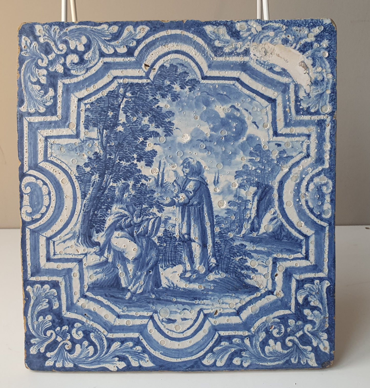 Antique Faience Tile Plaque, 18th Century German Stovetile, Underglaze Blue