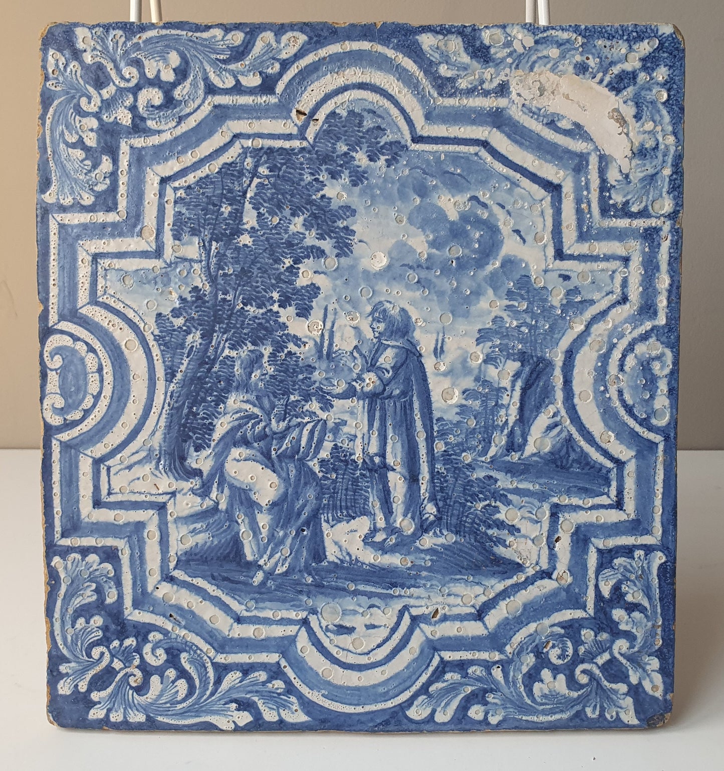 Antique Faience Tile Plaque, 18th Century German Stovetile, Underglaze Blue