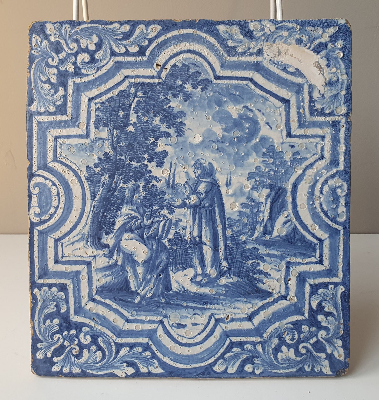 Antique Faience Tile Plaque, 18th Century German Stovetile, Underglaze Blue