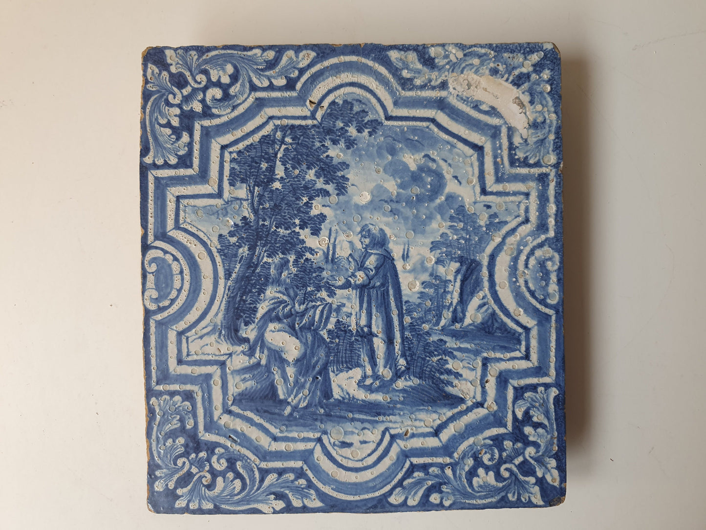 Antique Faience Tile Plaque, 18th Century German Stovetile, Underglaze Blue