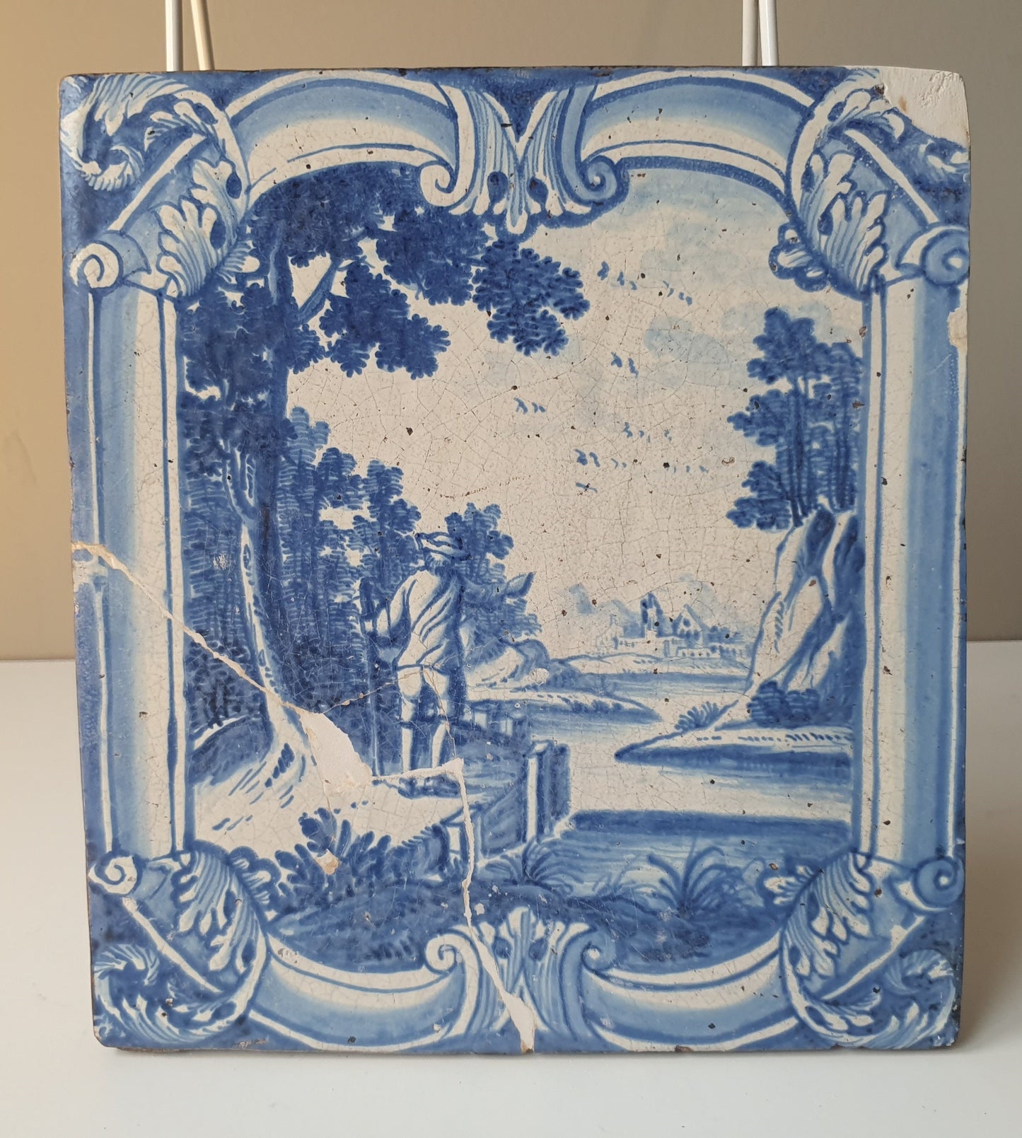 Antique Delft Blue Faience Tile, 18th Century German Stovetile, Man with Stick