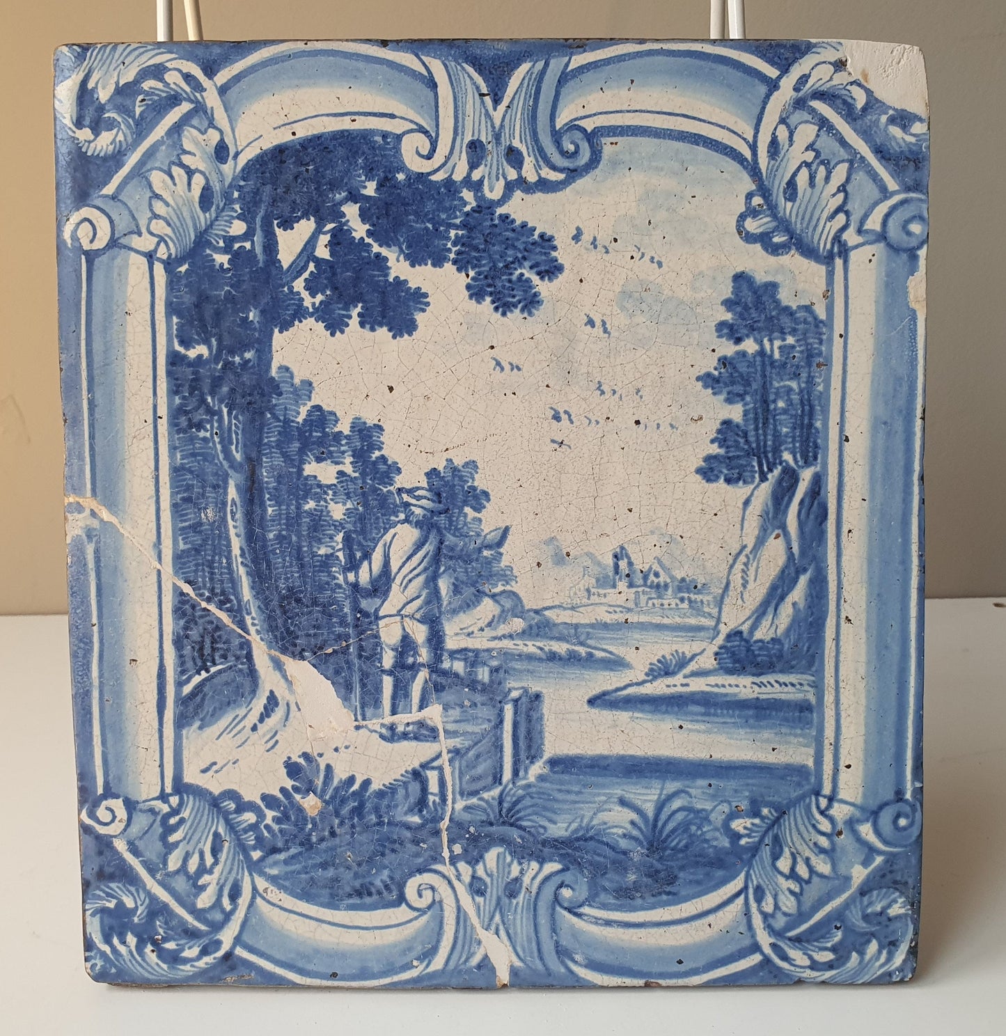 Antique Delft Blue Faience Tile, 18th Century German Stovetile, Man with Stick