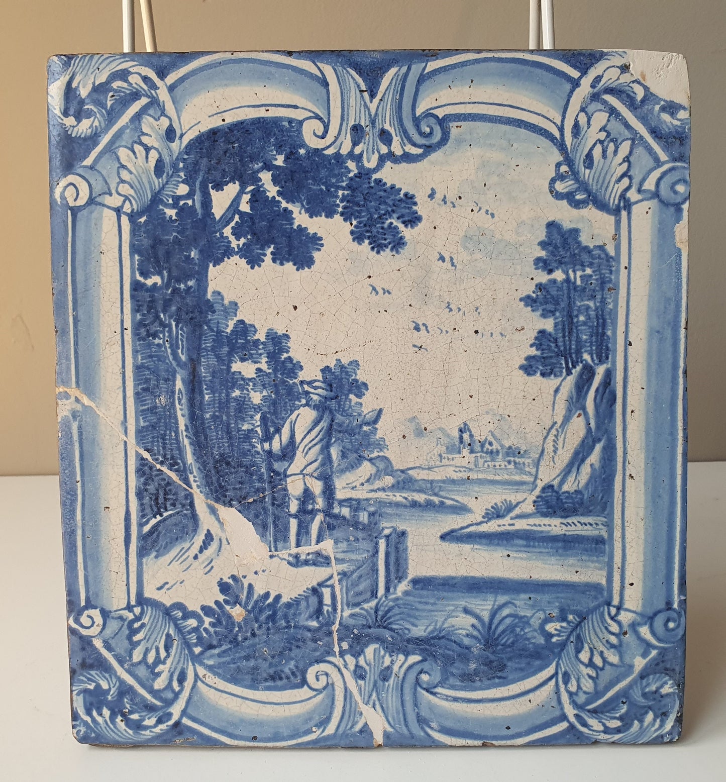 Antique Delft Blue Faience Tile, 18th Century German Stovetile, Man with Stick