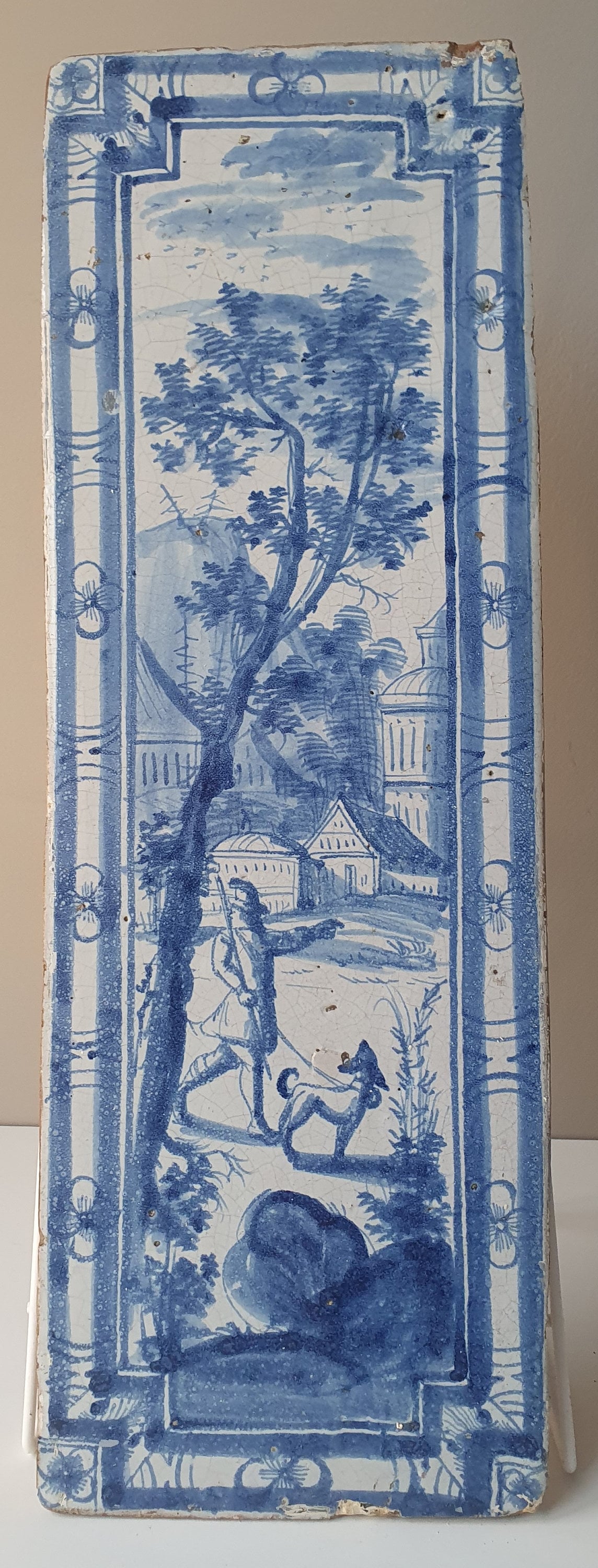 Antique Delft Tile Plaque, 18th Century Hunter Scene, Faience