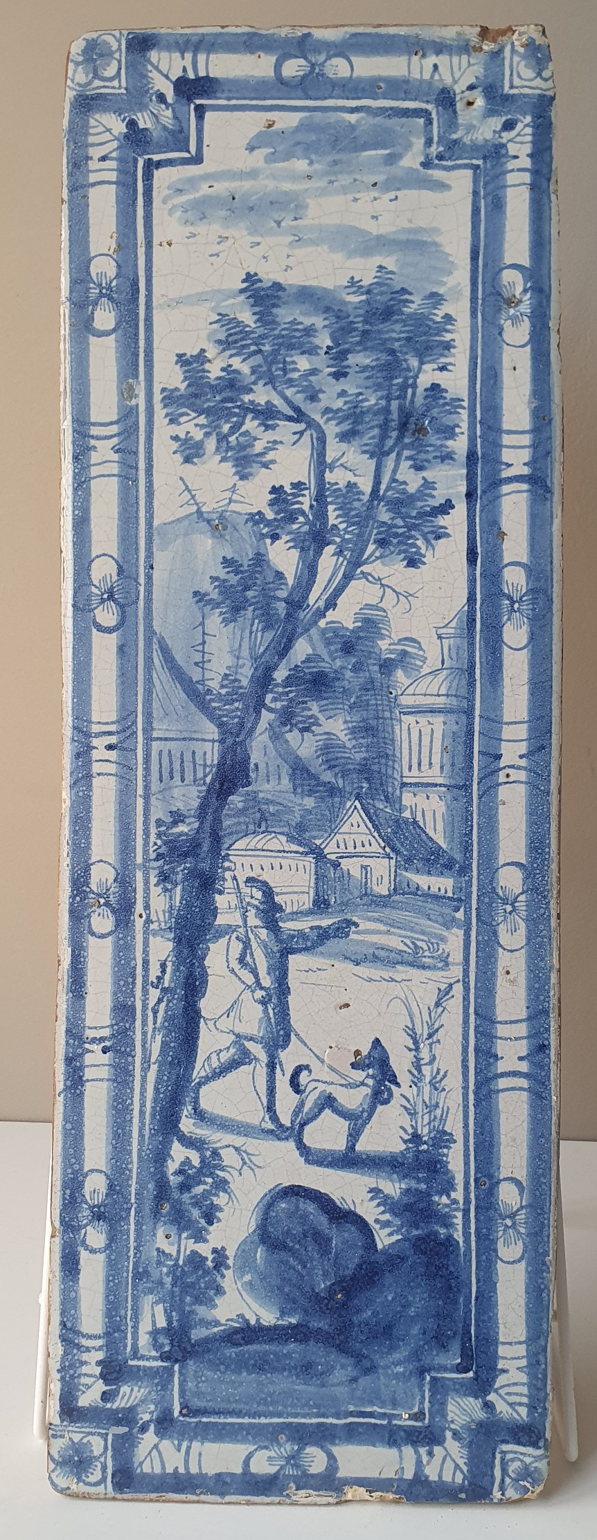 Antique Delft Tile Plaque, 18th Century Hunter Scene, Faience