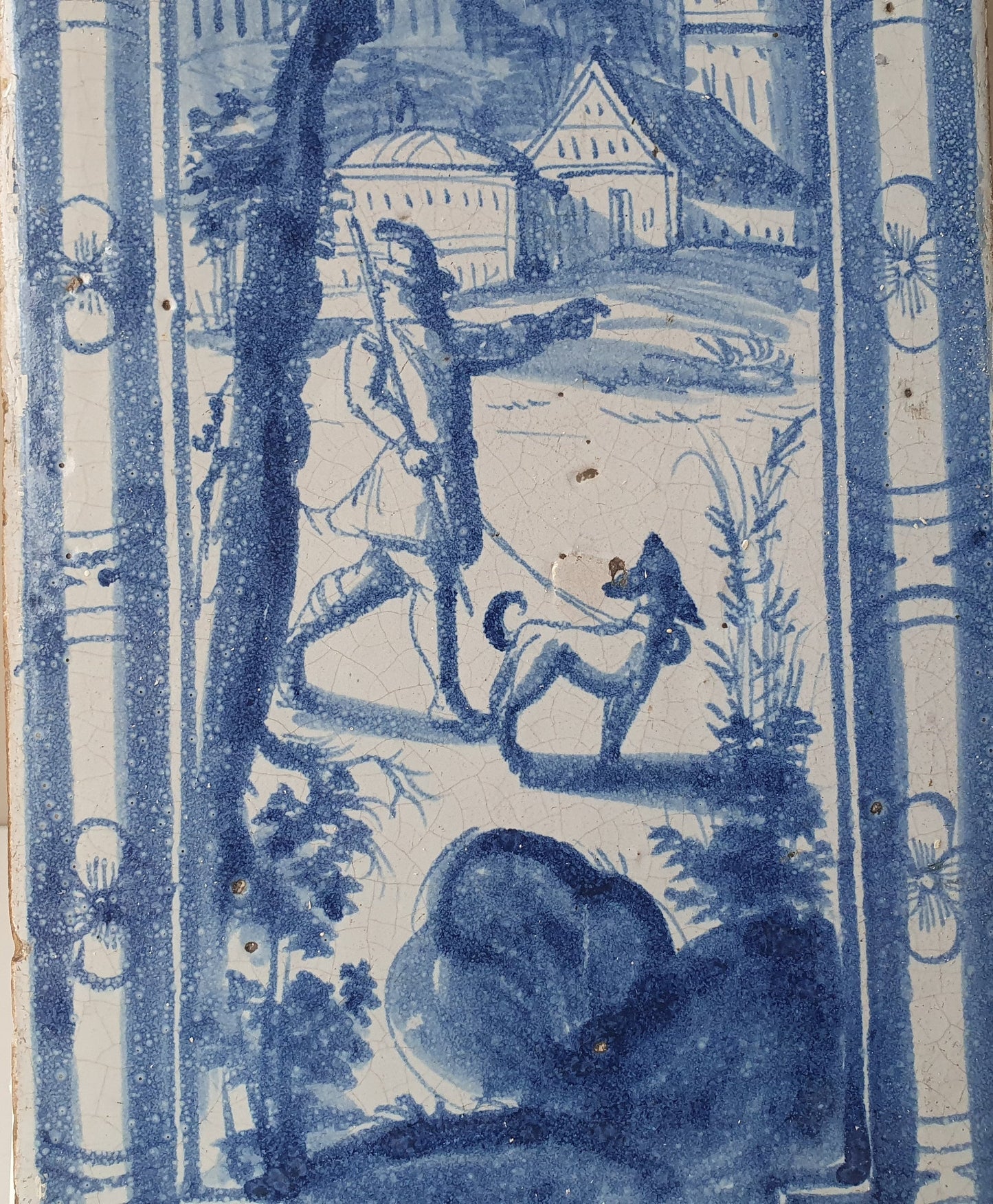 Antique Delft Tile Plaque, 18th Century Hunter Scene, Faience