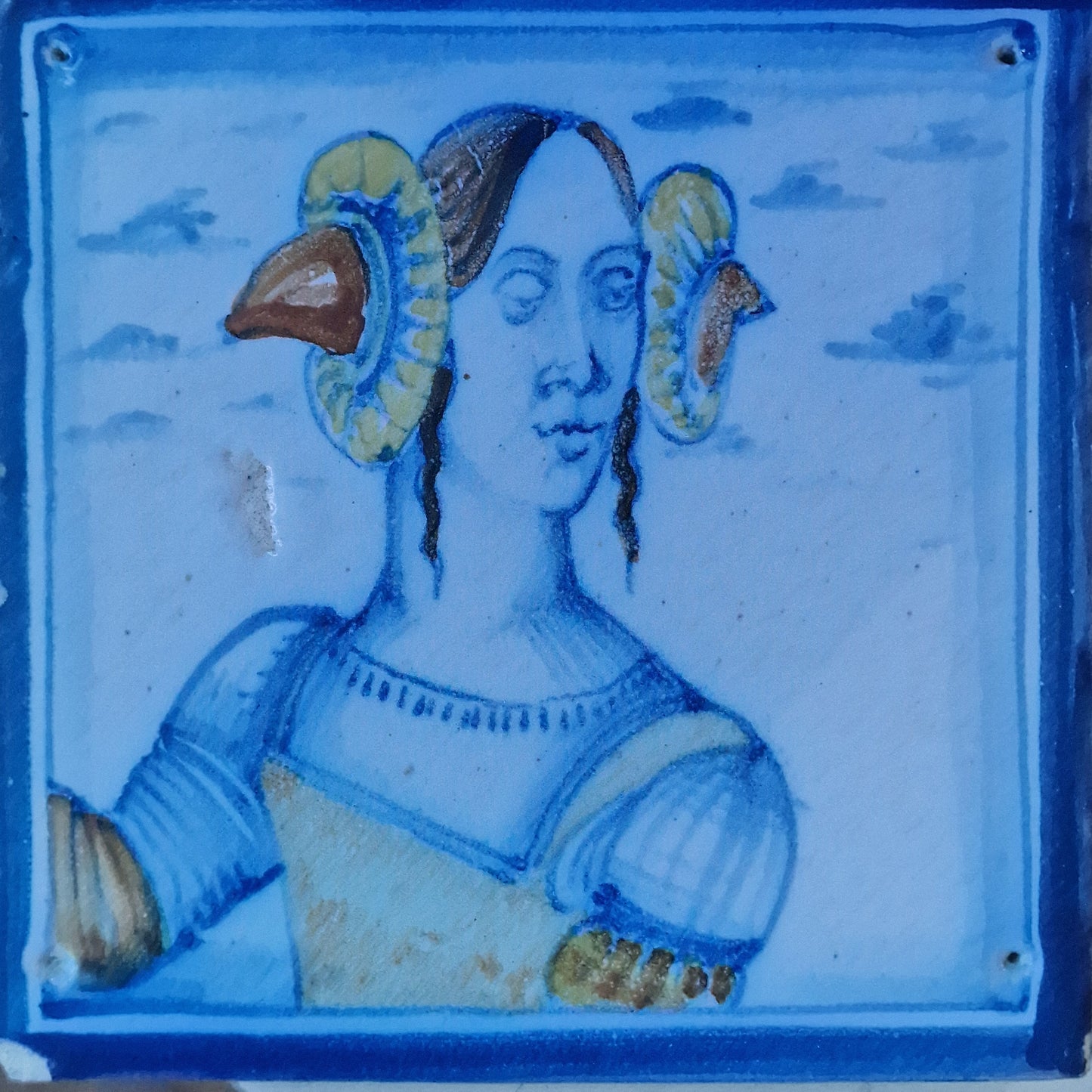 Polychrome Pottery Tile, Woman with Rams Horns, After Guido di Safino