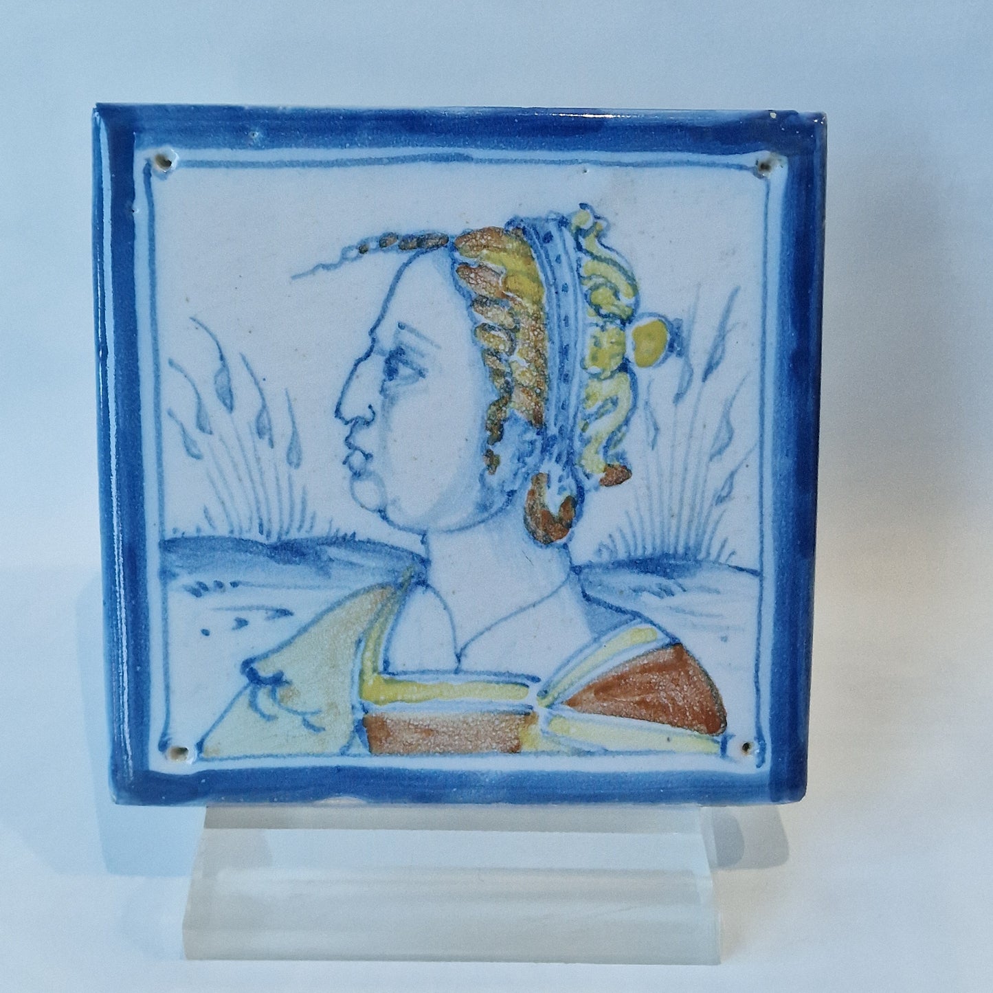 Polychrome Portrait Tile, Italian Antwerp Style, Rare Collector Item (13 x 13 cm)